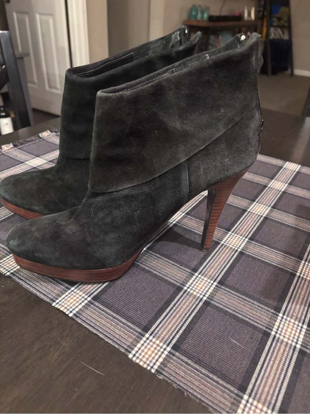 Steve Madden Black Suede Fold-Over Ankle Booties with Wood Platform